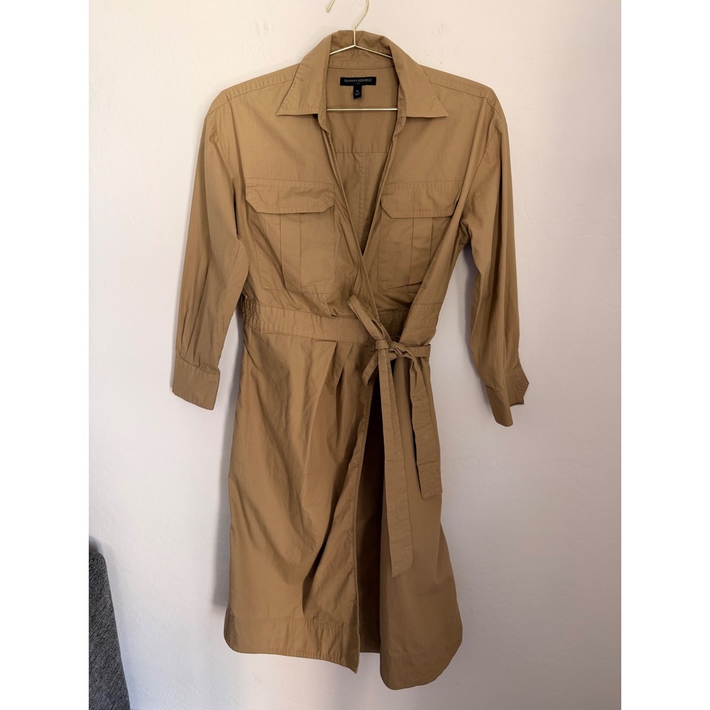Banana Republic Tan Cotton Utility Wrap Dress Womens Medium Khaki Safari Midi